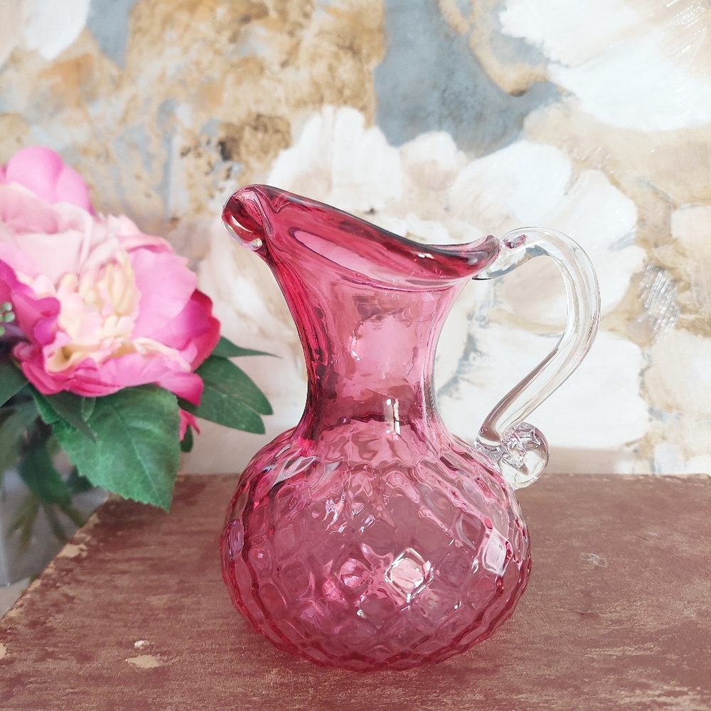 Chalet Cranberry Glass Quilted Pitcher with Clear Glass Handle